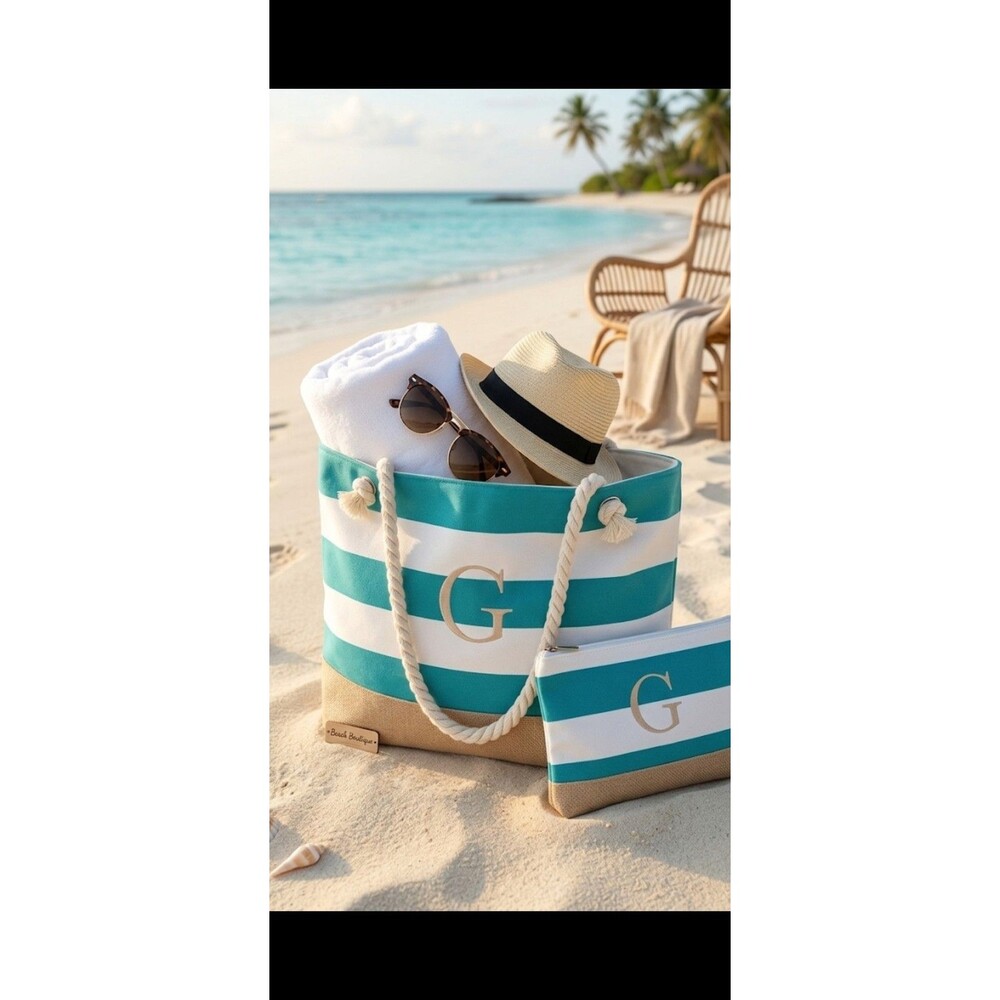 Monogrammed Initial "G" Nautical Striped Beach Tote & Matching Makeup Pouch Set